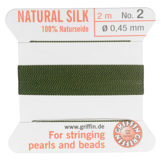 Griffin Silk Beading Cord & Needle, Size 2 (0.45mm), 2 Meters, Olive