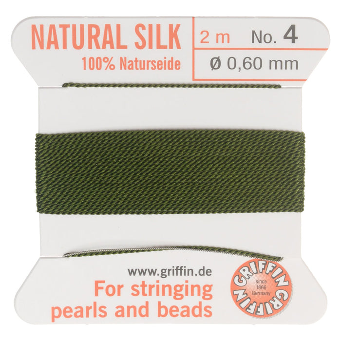 Griffin Silk Beading Cord & Needle, Size 4 (0.6mm), 2 Meters, Olive
