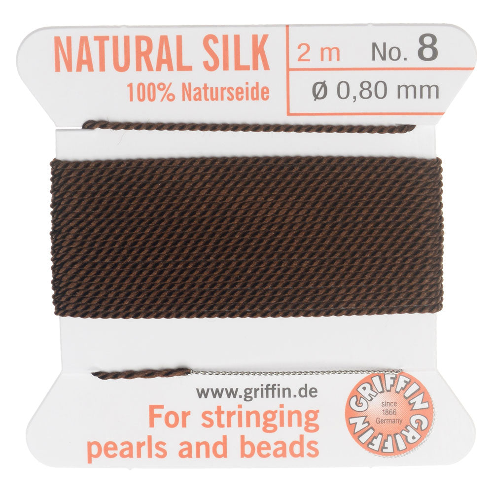 Griffin Silk Beading Cord & Needle, Size 8 (0.8mm), 2 Meters, Brown