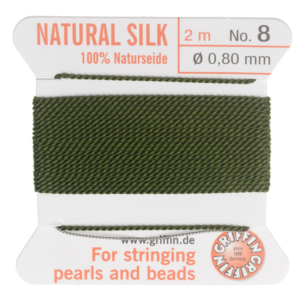 Griffin Silk Beading Cord & Needle, Size 8 (0.8mm), 2 Meters, Olive