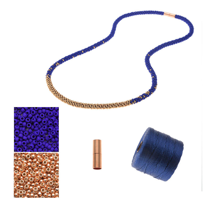 Refill - Long Beaded Kumihimo Necklace - Blue & Rose Gold - Exclusive Beadaholique Jewelry Kit