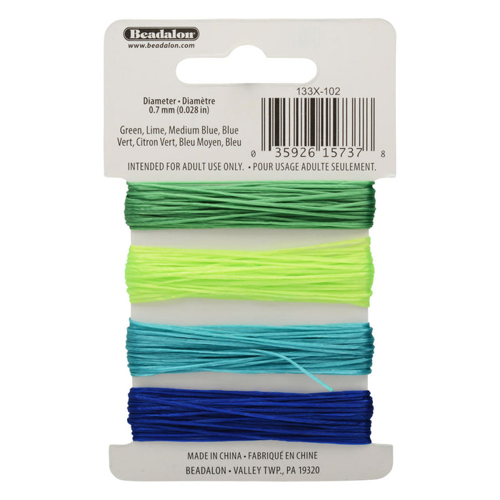 Elonga Stretch Cord, 0.7mm (.028 Inch) Thick, 20 Total Meters, Green / Blue Assortment