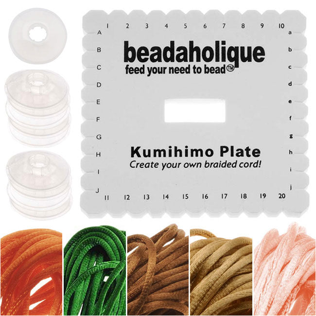 Kumihimo Braiding Kit Square Plate & Bobbins - Earthtone - 5 Color Satin 1mm Cord