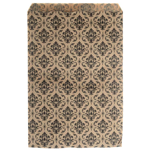 Paper Gift Bags for Jewelry & Crafts 9 x 6 Inches, Brown w/ Black Victorian Damask Pattern (100 Pc)