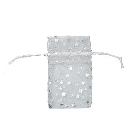 White Organza Silver Stars Drawstring Gift Bags 3 x 5 Inch (12 Bags)
