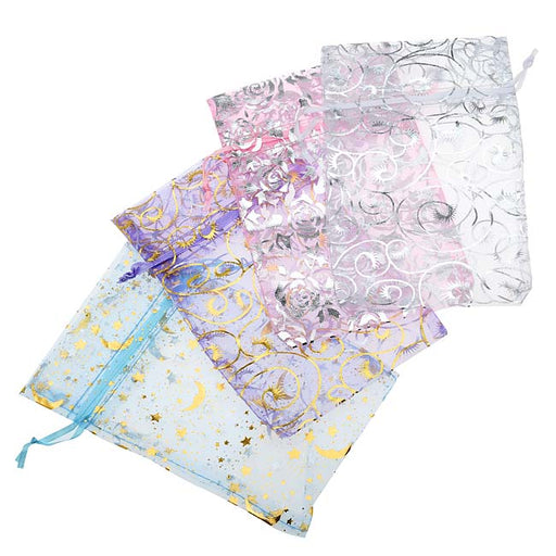 Assorted Silver & Gold Design Organza Drawstring Gift Bags 4 x 6 Inch (12 Bags)