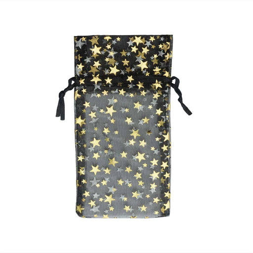 Organza Drawstring Gift Bags Black w/ Gold Stars 3x4 in, 12 Bags Per Pack