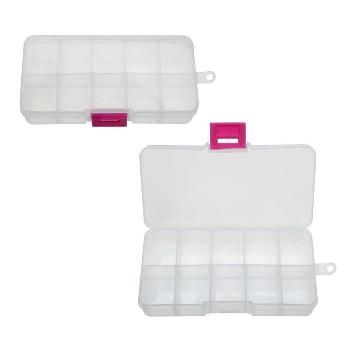 Plastic Bead Storage Case, Rectangle with Compartments 5 1/4", Clear and Pink (2 Pieces)